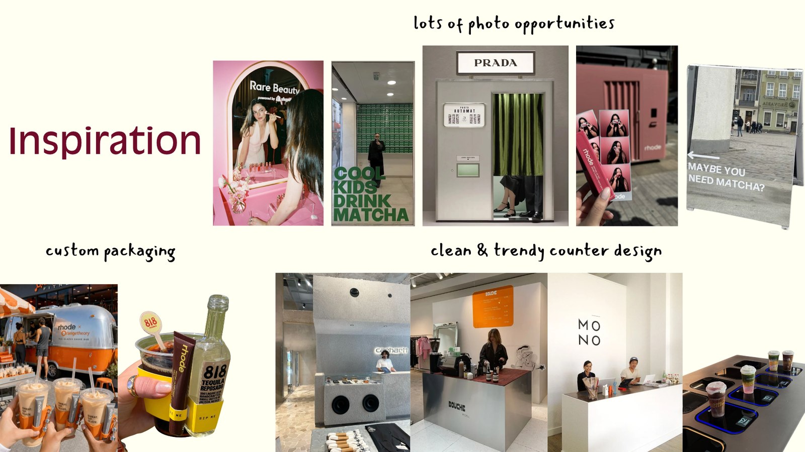 Inspiration moodboard: custom packaging, clean counter design, and photo-opportunity references from Rare Beauty, Prada, rhode, Carhartt, Bouche, Mono, and others