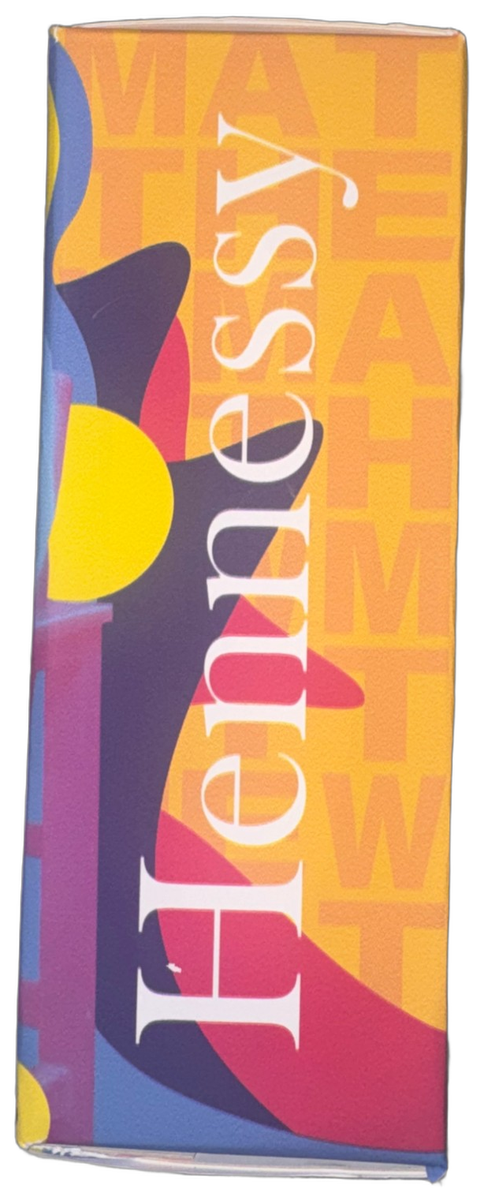 The printed Hennessy box on its side, Hennessy wordmark panel