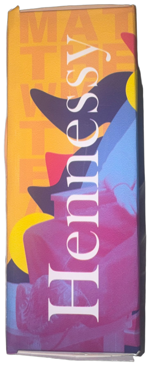 The printed Hennessy box on its side, opposite panel