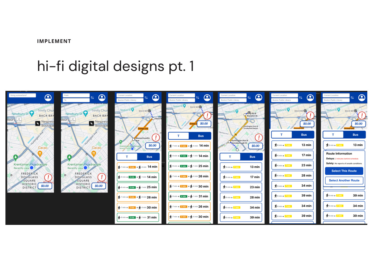 Hi-fi screens — navigation and trip planning flow