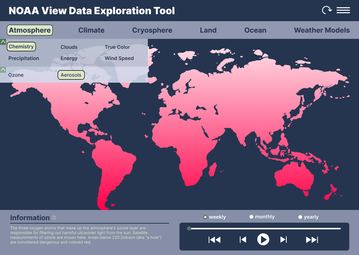 Aerosols selected, data loads on map